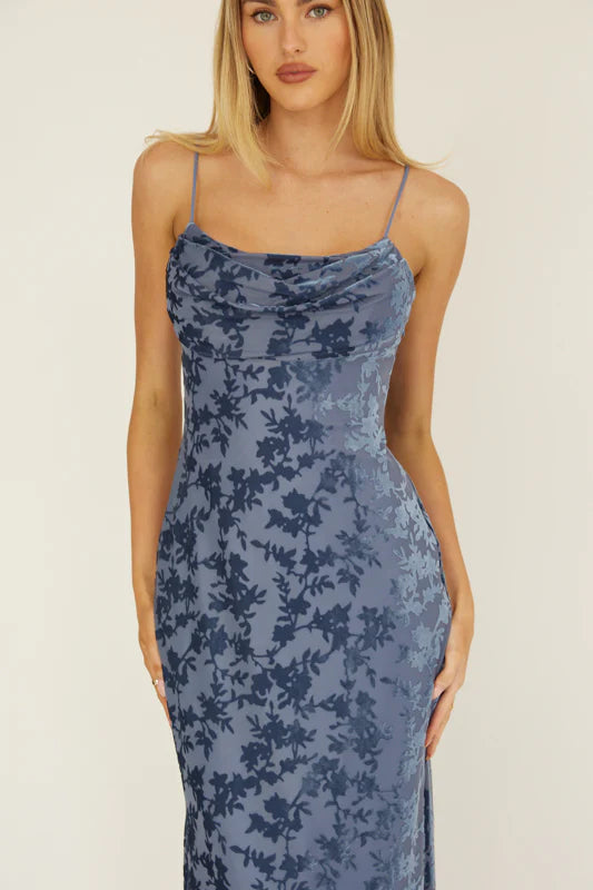 MEREDITH MAXI - SLATE BLUE FLORAL BURNOUT DRESS