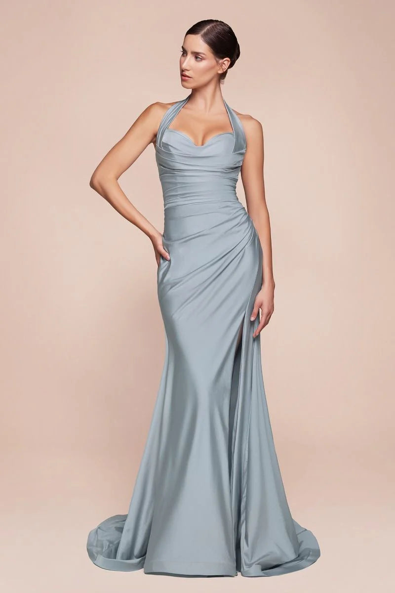 Autumn Gown - Stretch Spandex Satin Halter Fitted Dress