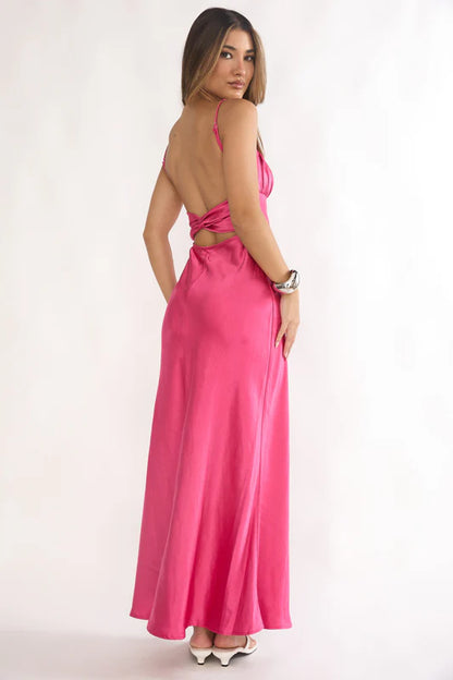 Paula Maxi Dress - Fuchsia Pink Satin Slip Dress