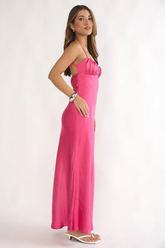Paula Maxi Dress - Fuchsia Pink Satin Slip Dress