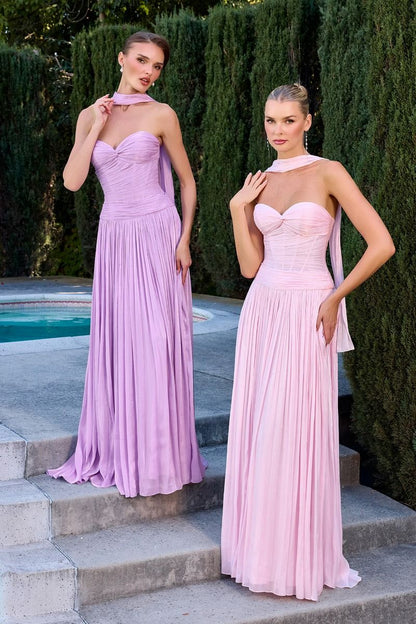 Linnea Gown - Strapless Shimmer Chiffon Dress with Scarf