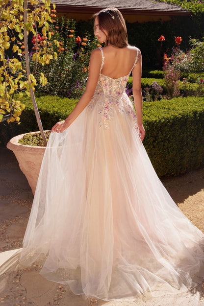 A1288 - A-LINE DRESS WITH MULTI COLORED FLORAL EMBELLISHMENT - ANDREA & LEO