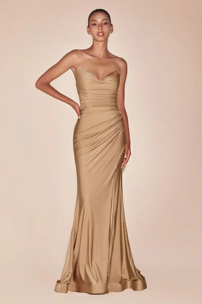 AVA POINTED V-NECKLINE GOWN - STRAPLESS STRETCH SPANDEX SATIN FITTED DRESS