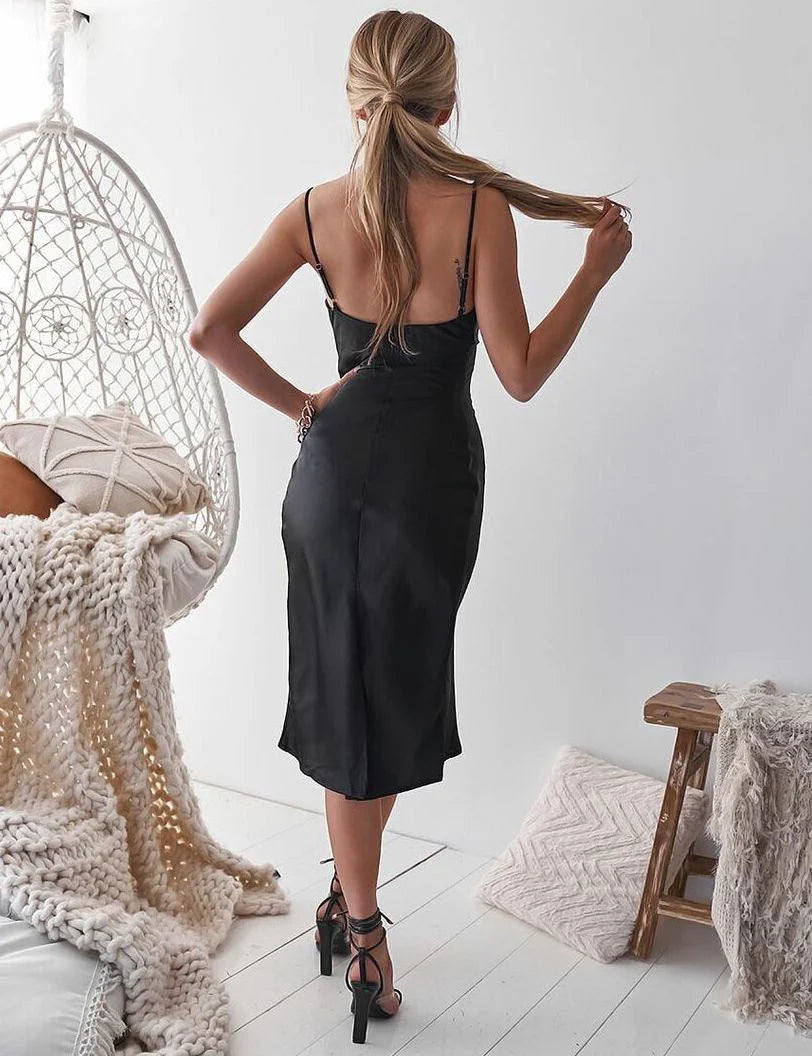 Aspen Midi Dress - Black Satin Slip Dress