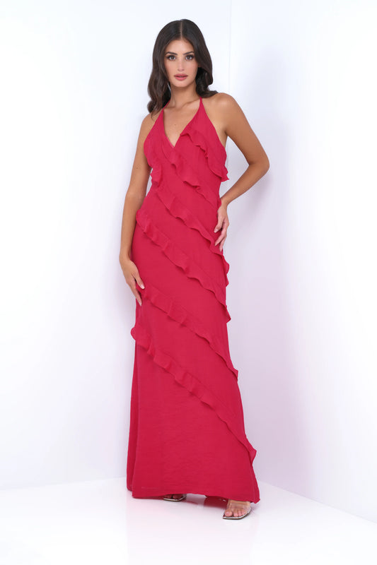 Remi Red Maxi Dress - Halter Neck, Open Back, Ruffle Detail