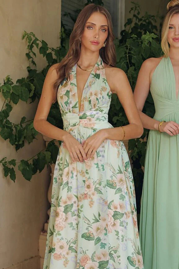 CHEYENNE GOWN - SAGE FLORAL CHIFFON HALTER DRESS