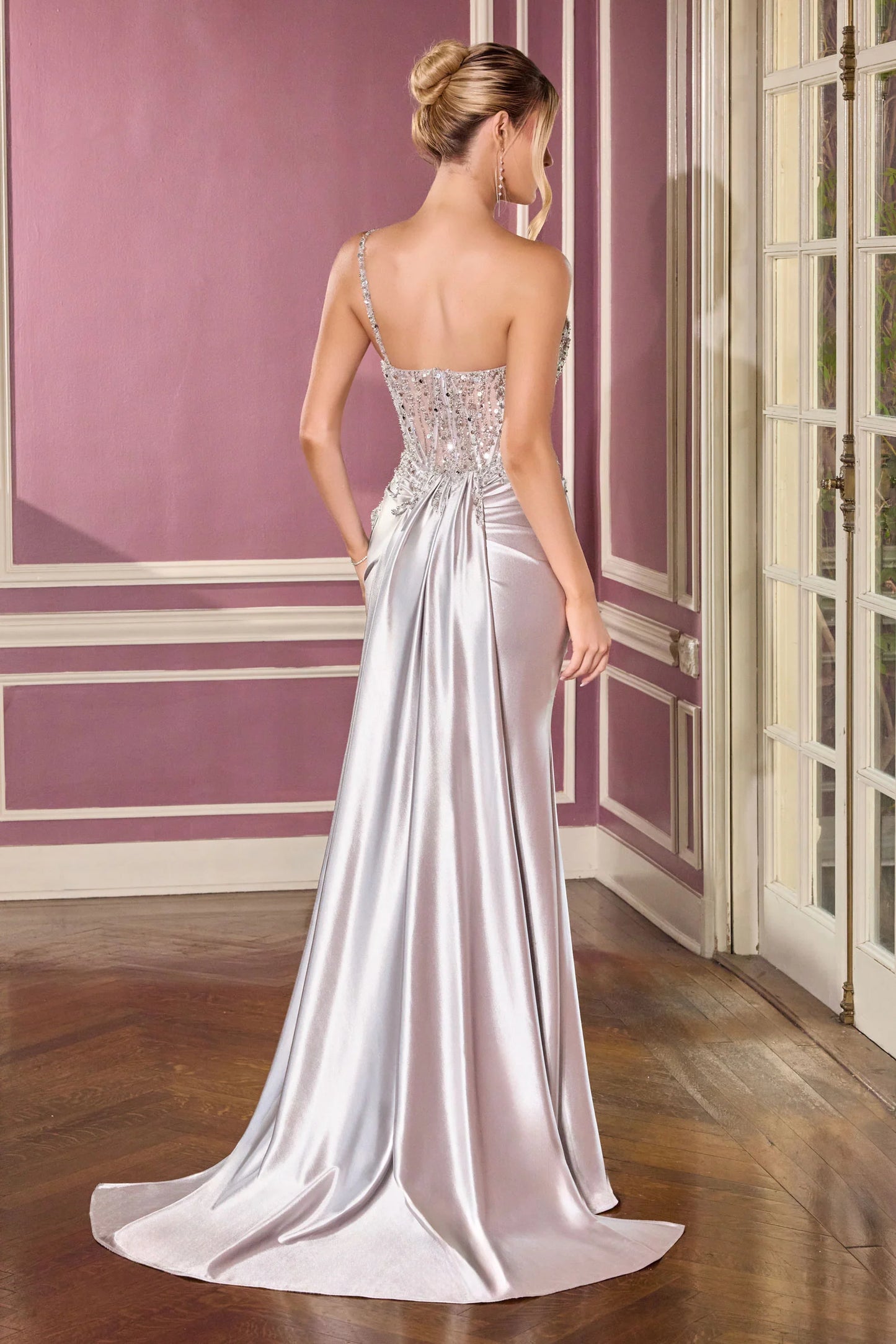 Kendra Gown – Silver Dress With Train & Skirt Inset Detail