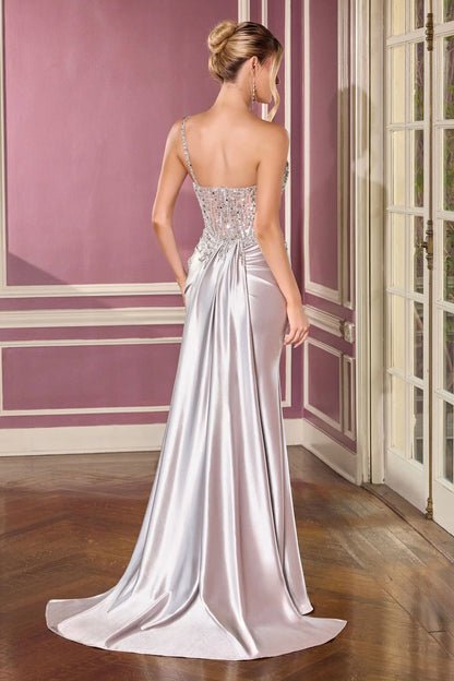 Kendra Gown – Silver Dress With Train & Skirt Inset Detail