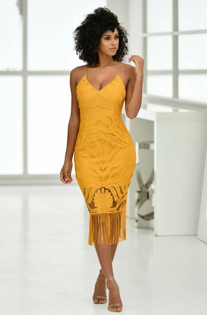 Khaleesi Dress - Mustard - Lace Dress With Fringe
