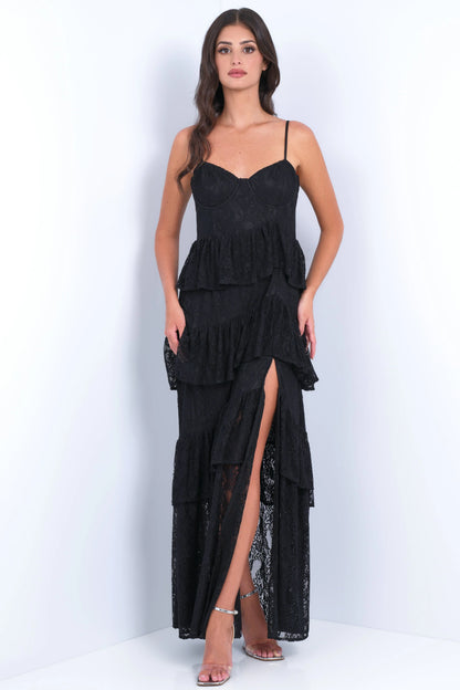 Vanna Lace Tiered Maxi Dress - Black