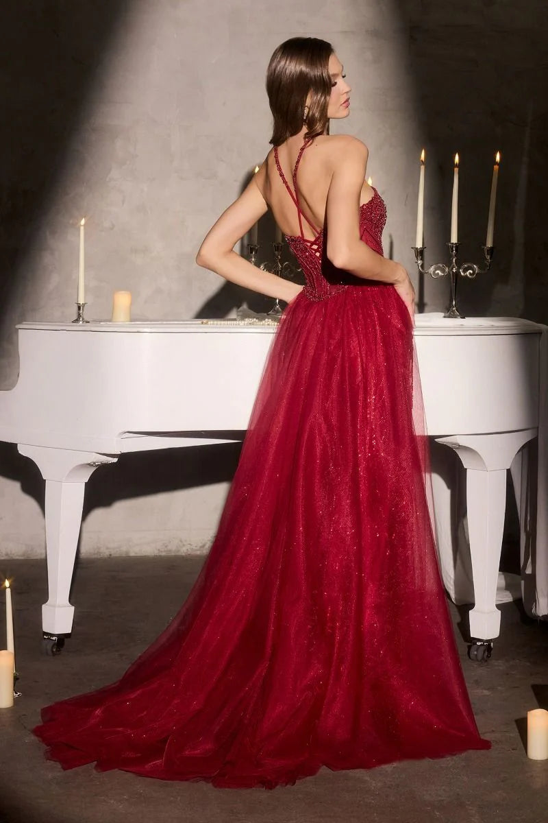 Chevonne Gown - Beaded Halter Dress With Overskirt
