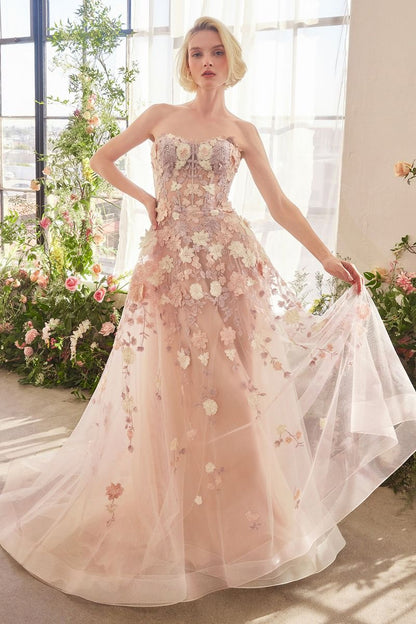 A1453 - SPRING FLORAL APPLIQUÉ A-LINE GOWN - Andrea & Leo