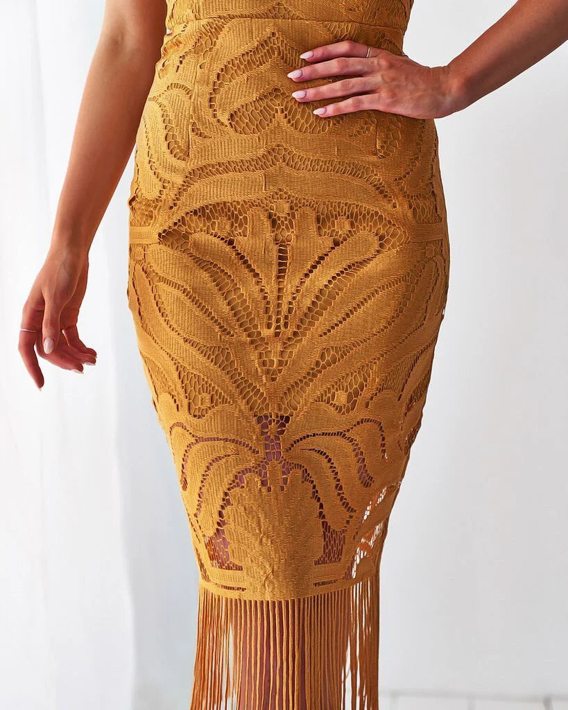 Khaleesi Dress - Mustard - Lace Dress With Fringe