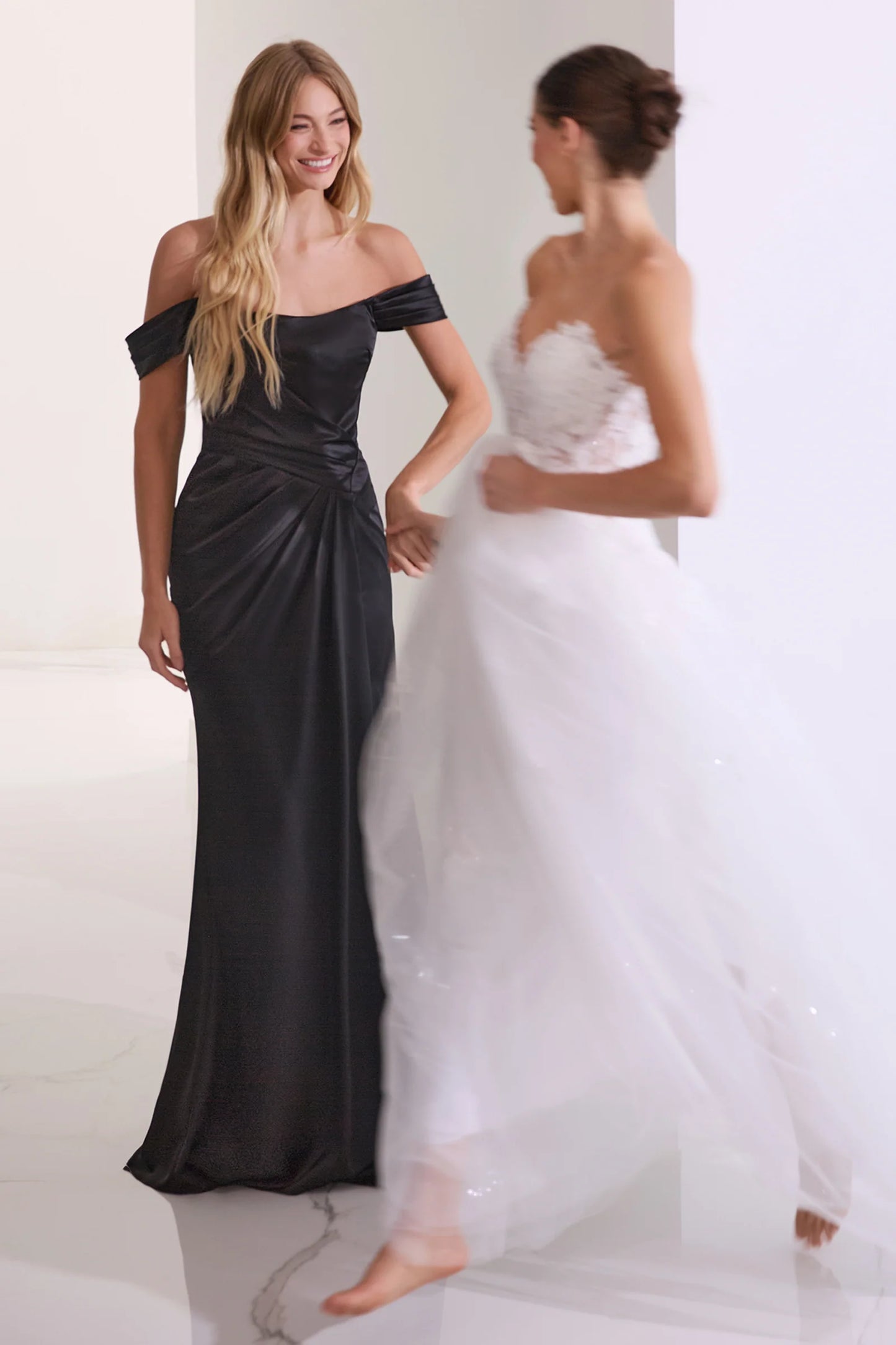 EMERSON GOWN - OFF THE SHOULDER LUXE SATIN DRESS