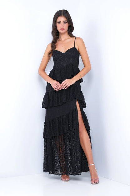 Vanna Lace Tiered Maxi Dress - Black