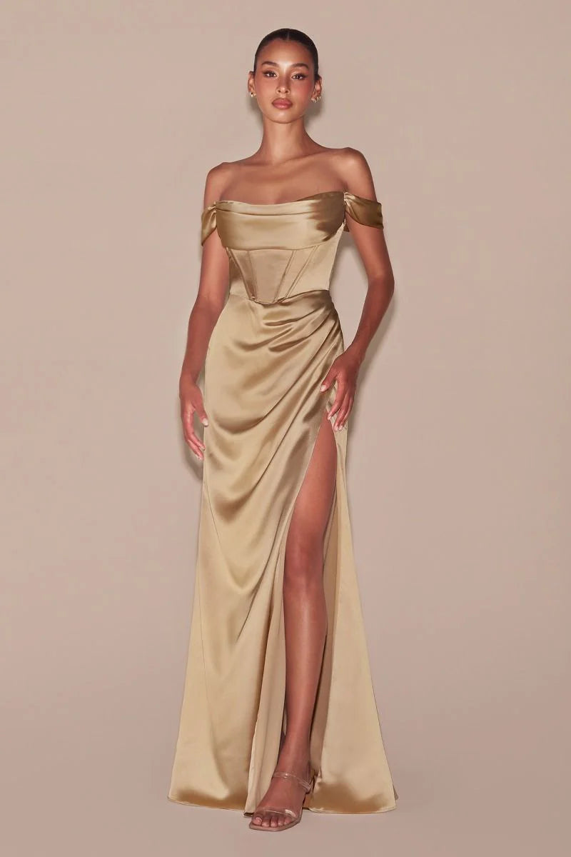 MABEL GOWN - OFF THE SHOULDER LUXE SATIN CORSET DRESS