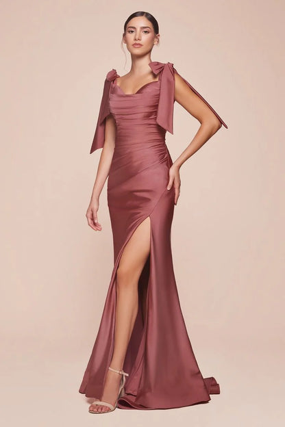 Amber Gown - Off Shoulder Stretch Spandex Satin Dress With Ties