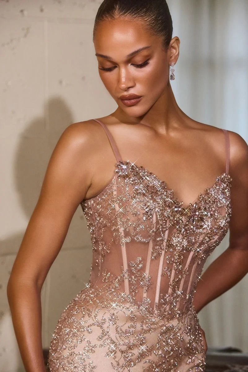 Jadyn Gown - Fitted Sheer Corset Dress with Beading