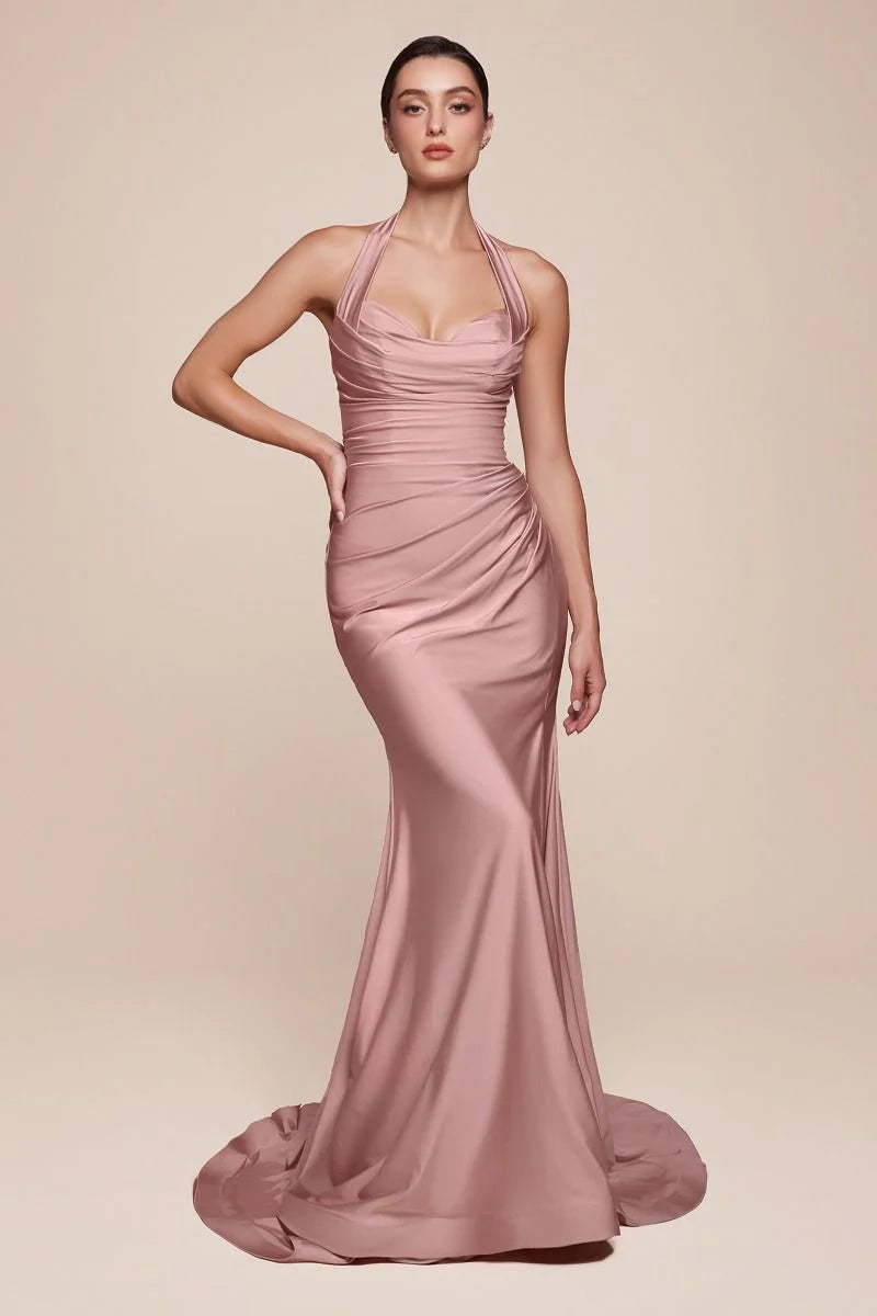 Autumn Gown - Stretch Spandex Satin Halter Fitted Dress
