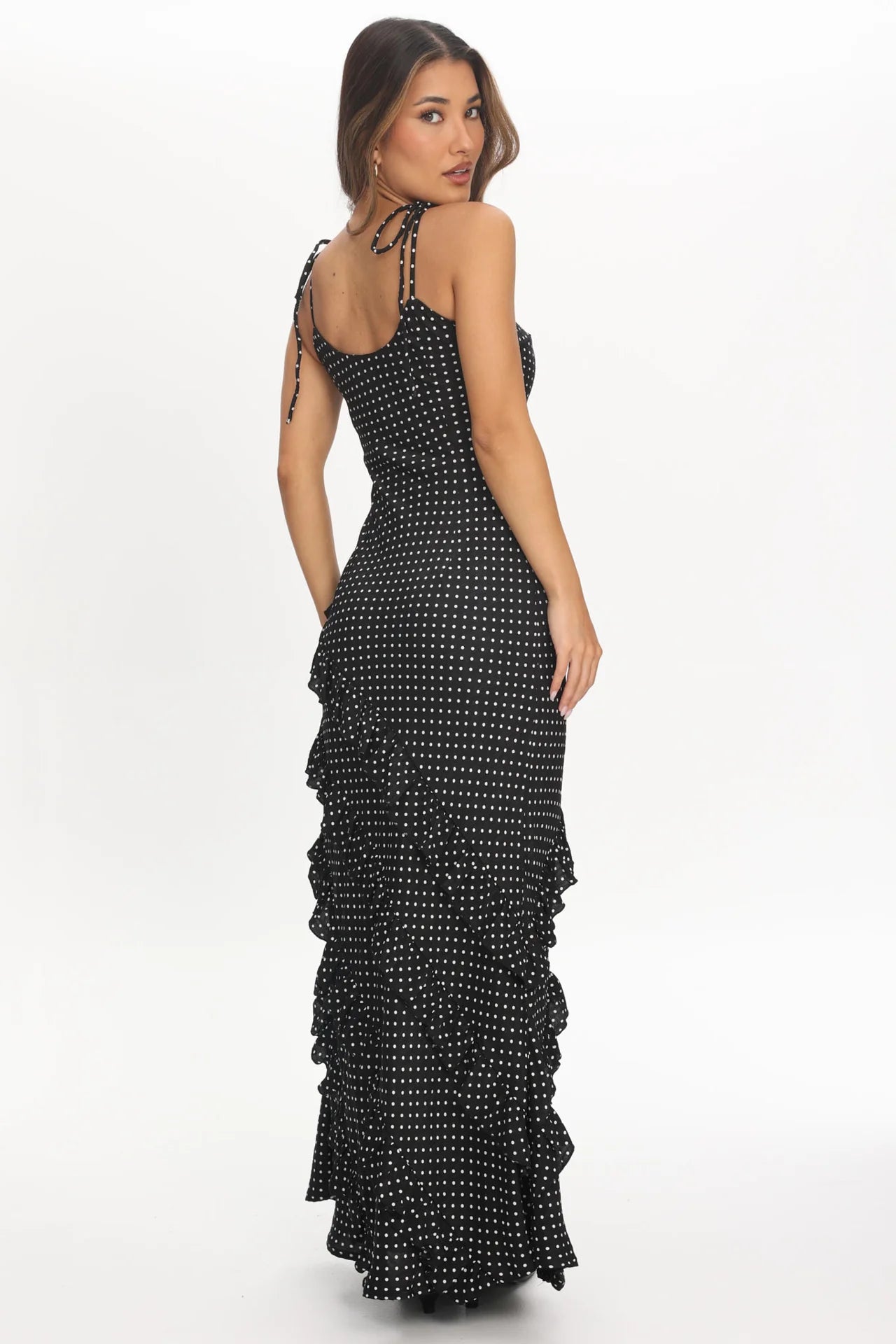 Nevaeh Polka Dot Ruffle Maxi Dress - Black