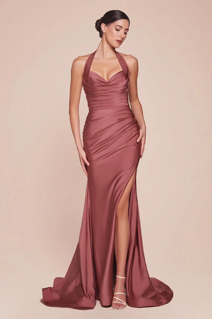Autumn Gown - Stretch Spandex Satin Halter Fitted Dress