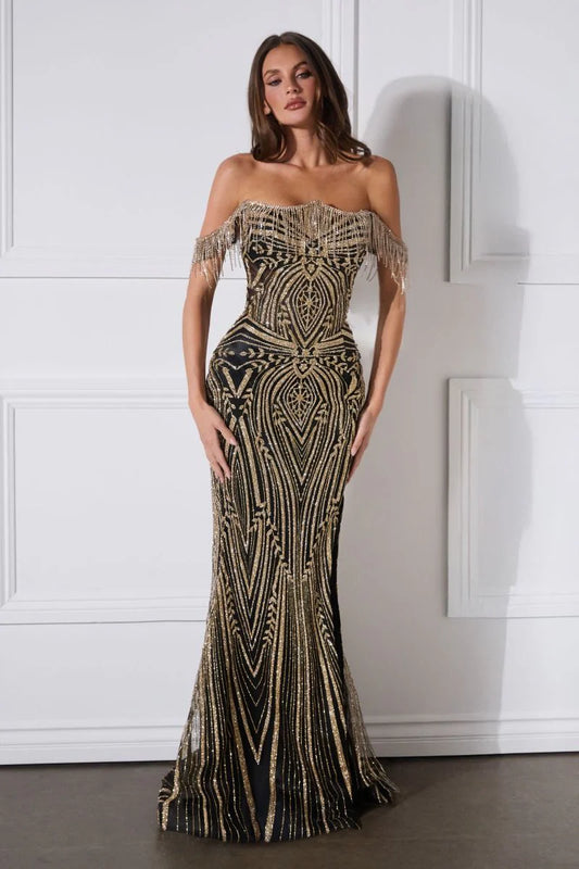 Astoria Gown - Off The Shoulder Crystal Fringe Dress
