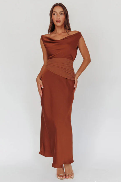 JUDY MAXI - COCOA BROWN SATIN DRESS WITH OPEN BACK