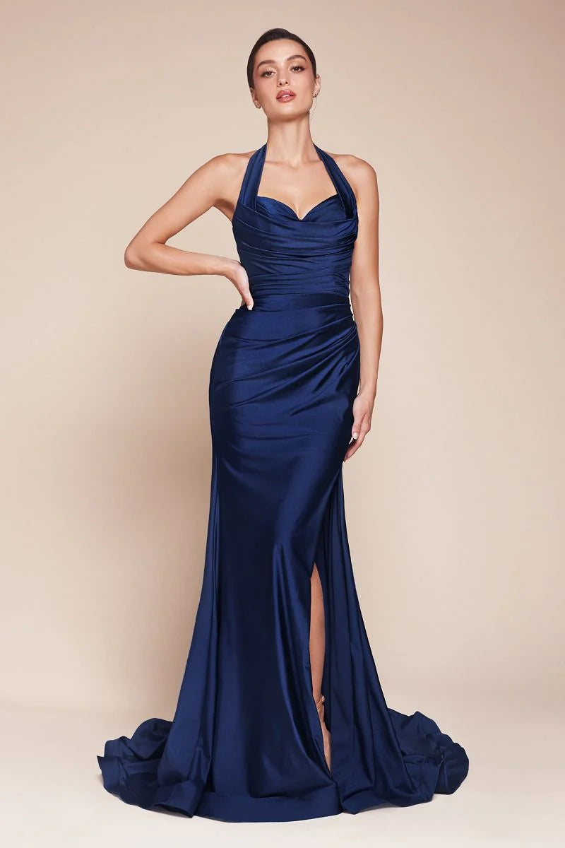 Autumn Gown - Stretch Spandex Satin Halter Fitted Dress